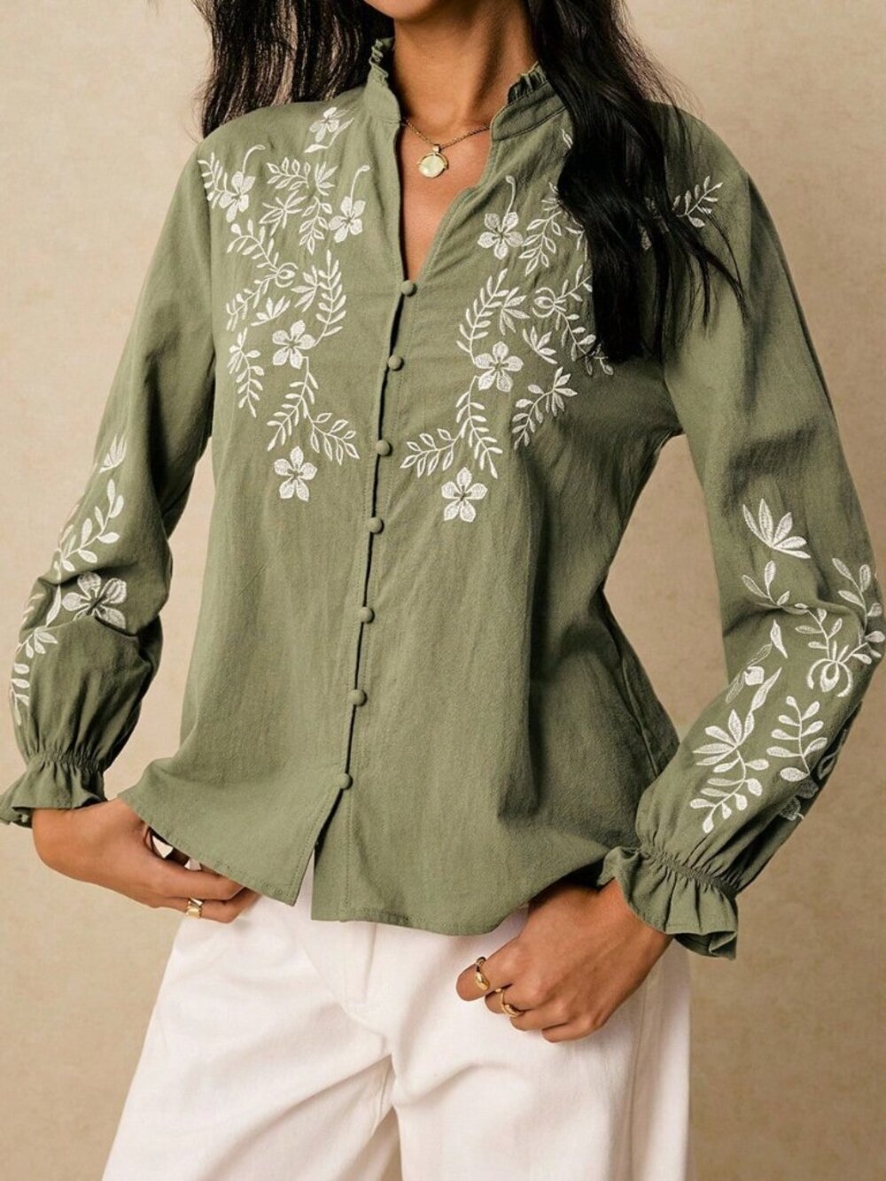 Green Boho Women's Elegant Floral Embroidered Ruffle Collar Button-Up Shirt - Picture 8 of 8